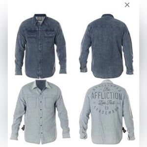 Affliction Reversible Dark Blue Denim Shirt with Graphic Back
Size Medium